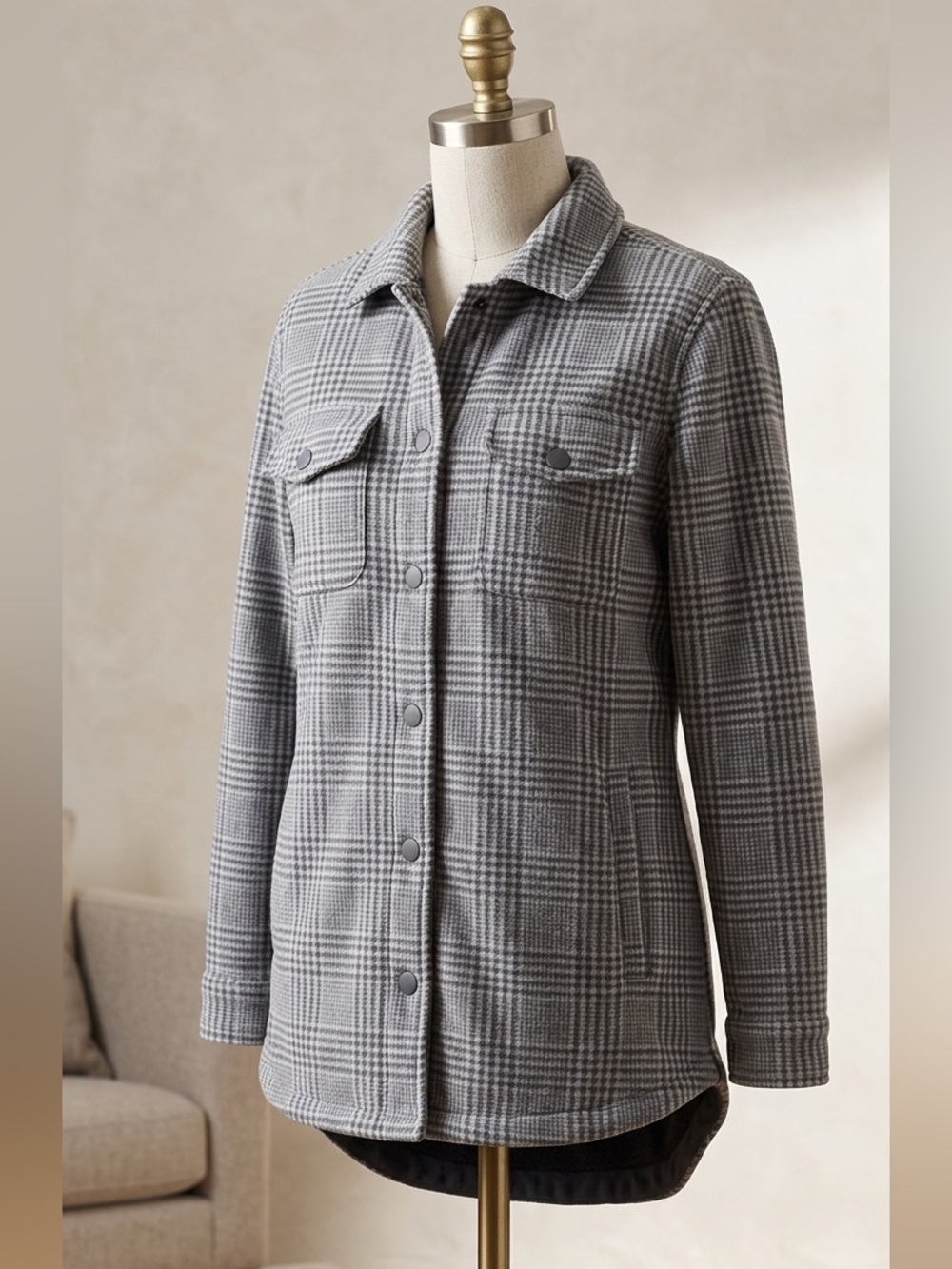 Lands' End Graphite Plaid Fleece Lined Shacket Small 6-8